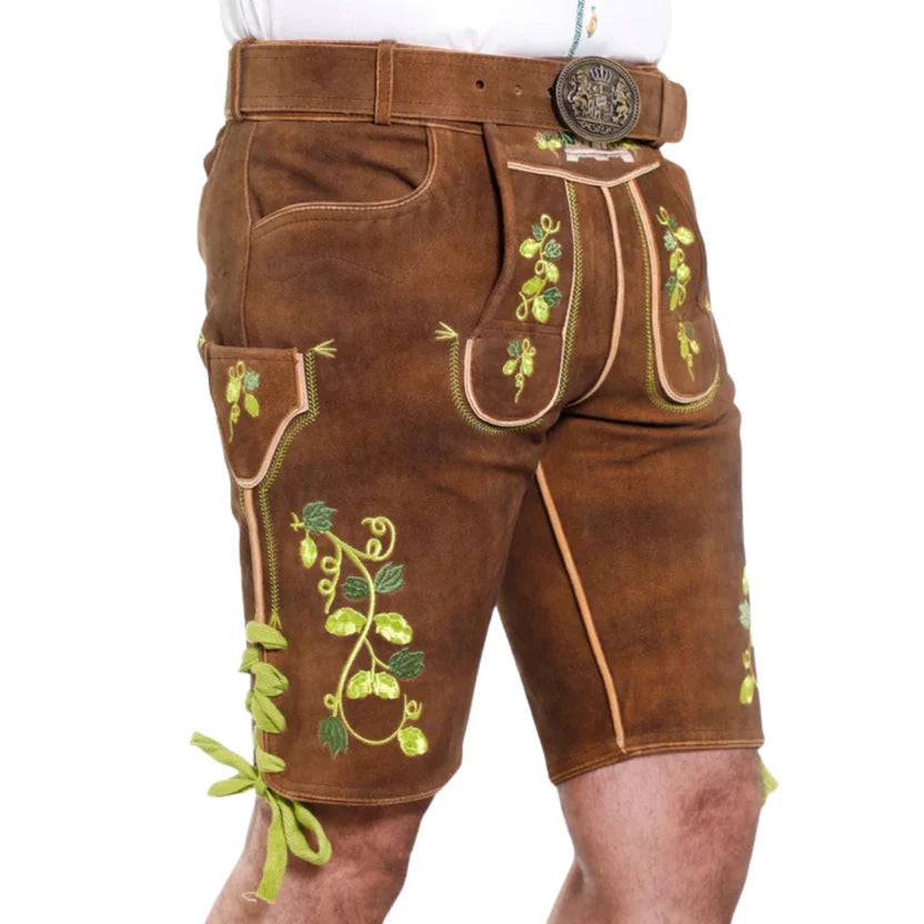 Men's Brown Suede Lederhosen with Hops Embroidery