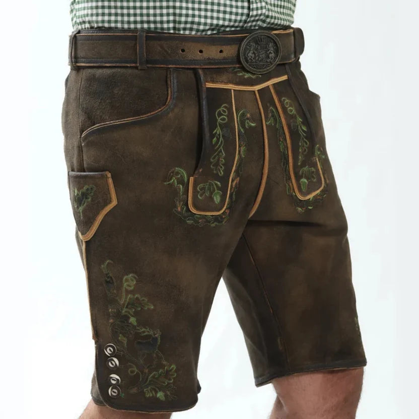 Men's Rustic Brown Suede Lederhosen, Deer Embroidery