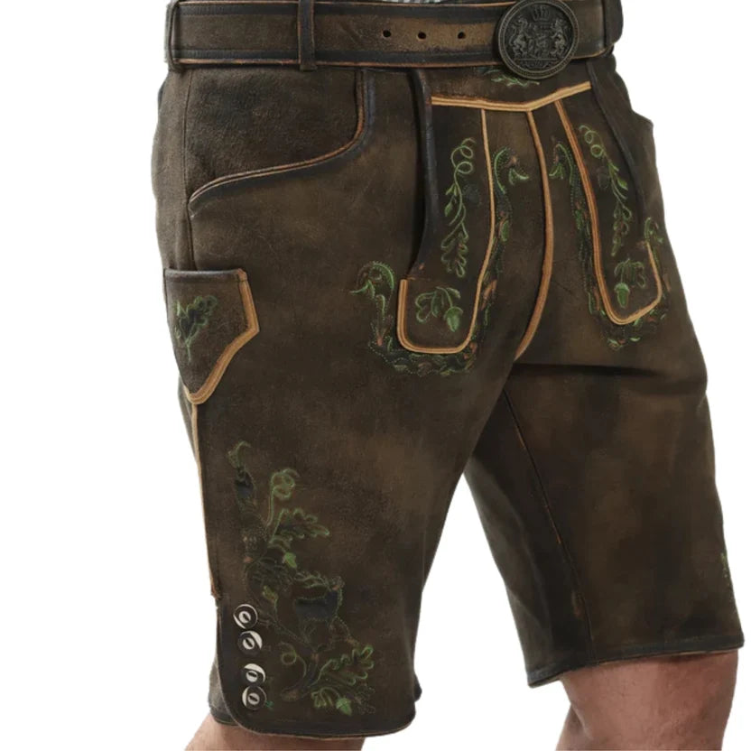 Men's Rustic Brown Suede Lederhosen with Deer Embroidery