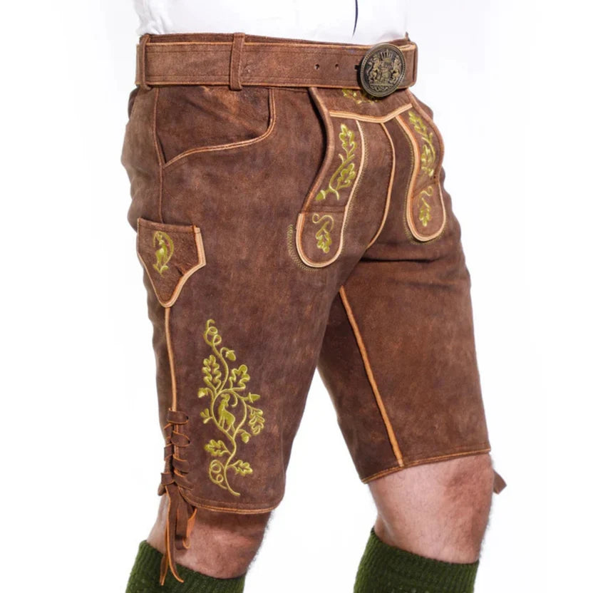 Men's Brown Suede Lederhosen with Oak Leaf Embroidery