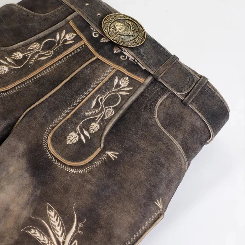 Men's Distressed Grey Suede Lederhosen with Floral Embroidery