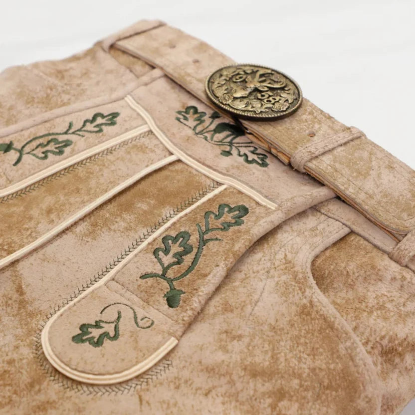 Men's Beige Suede Lederhosen with Oak Leaf Embroidery