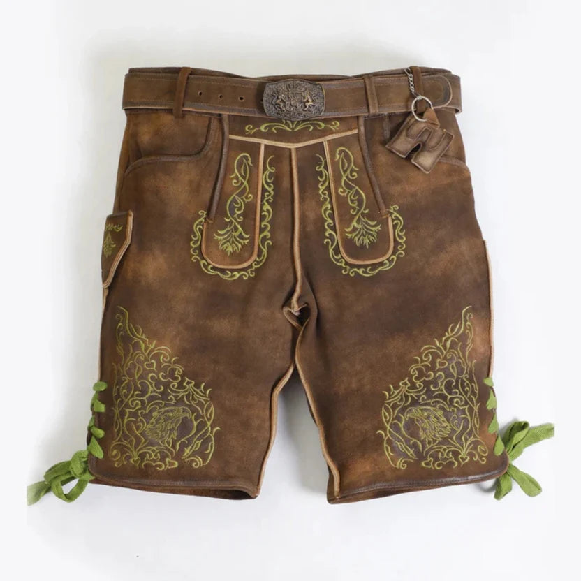 Men's Brown Suede Lederhosen with Scroll Embroidery