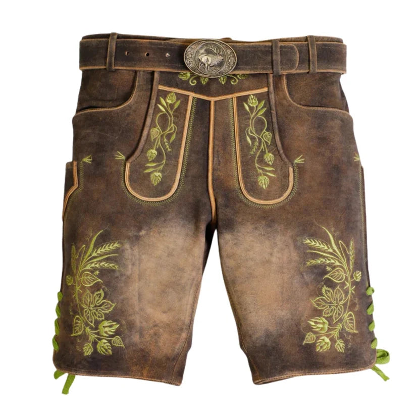 Men's Distressed Brown Suede Lederhosen with Stag Buckle