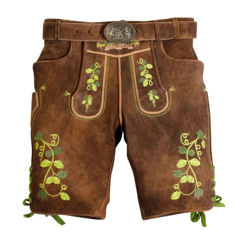 Men's Brown Suede Lederhosen with Hops Embroidery