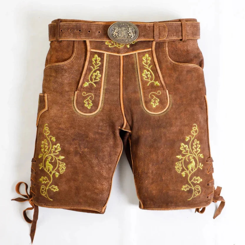 Men's Brown Suede Lederhosen with Oak Leaf Embroidery