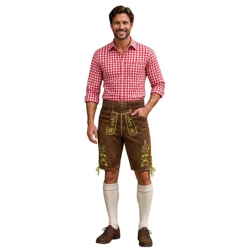 Men's Brown Suede Lederhosen with Hops Embroidery