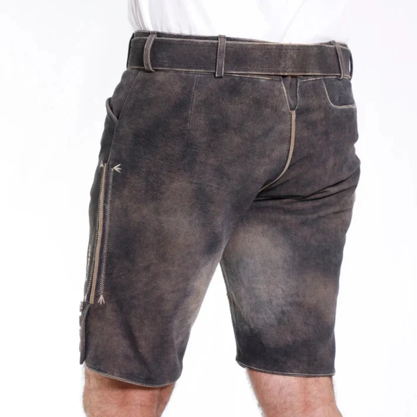 Men's Distressed Grey Suede Lederhosen with Floral Embroidery