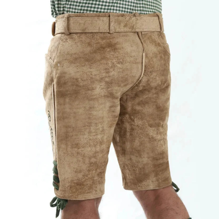 Men's Beige Suede Lederhosen with Oak Leaf Embroidery