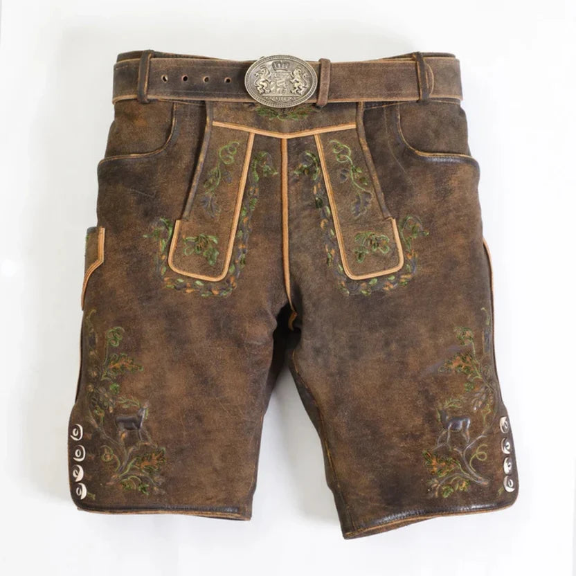 Men's Rustic Brown Suede Lederhosen with Deer Embroidery