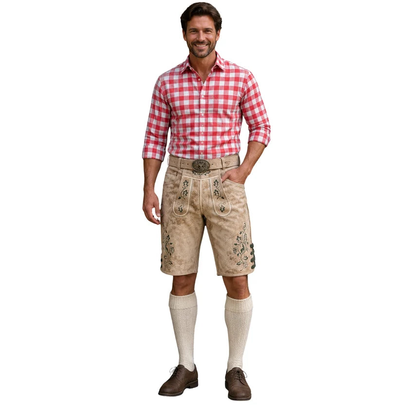 Men's Beige Suede Lederhosen with Oak Leaf Embroidery