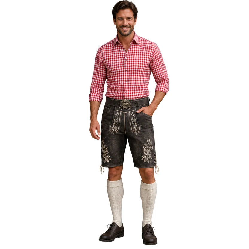 Men's Distressed Grey Suede Lederhosen with Floral Embroidery